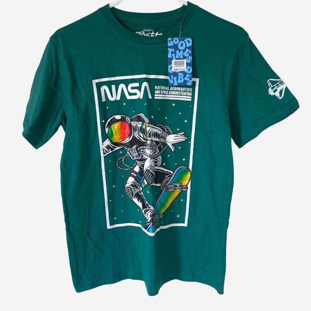 Eighty Eight Brand Kids NASA Graphic T-shirt Green  Astronaut Skate Size 14 Y